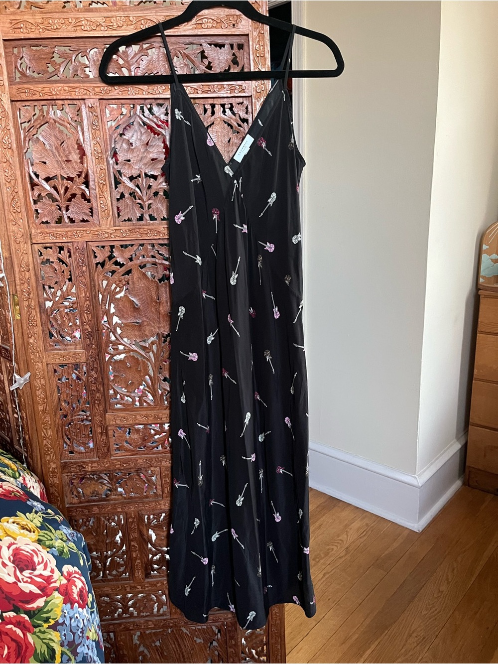 Equipment Black Maxi Slip Dress with Pink and Silver Guitar Print